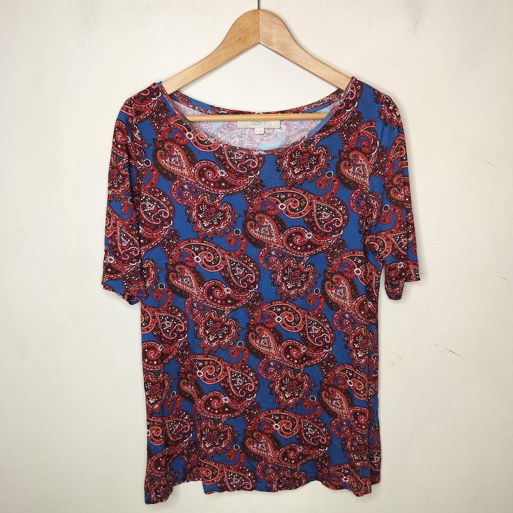 LOFT Floral Paisley Top Short Sleeve‎ Stretch Knit Blue Red